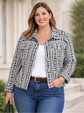 Black & White Aztec Pattern Button-Up Jacket